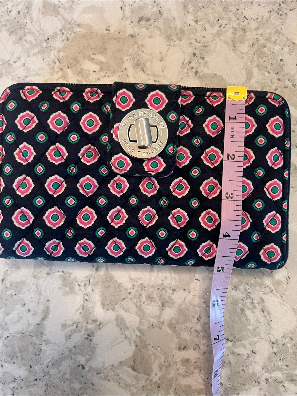 Vera Bradley Preppy Turnlock Quilted Wallet Pink/Green/White/Navy (Petal Dots) - Picture 7 of 7